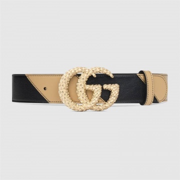 Gucci 582348 0OLNG 1068 黑色/米色 饰织纹双G搭扣腰带