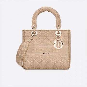 Dior迪奥 M0565OREY_M919 中号米色刺绣藤格纹 LADY D-LITE 手袋