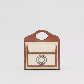 Burberry博柏利 80280621 棕褐色 迷你徽标图案帆布拼皮革口袋包