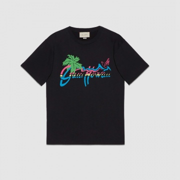 Gucci 616036 XJCSR 1142 黑色 Gucci Hawaii 男士超大造型T恤