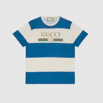 Gucci 604176 XJB6V 9230 白/蓝色 Gucci标识条纹T恤