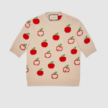 Gucci 606117 XKA7I 9376 象牙白色 GG苹果羊毛提花 上衣
